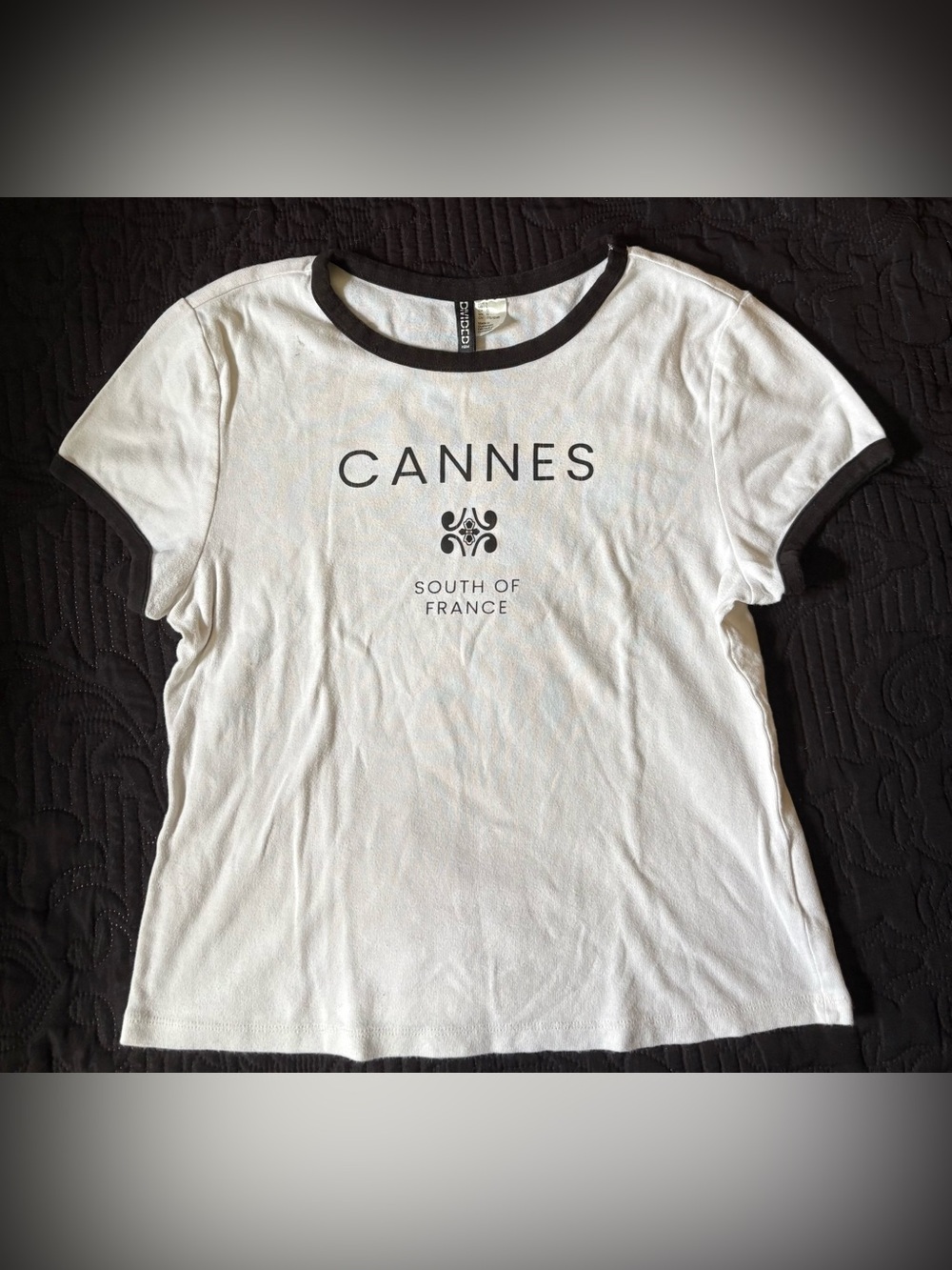 H&M White Ringer Tee with Black Trim and Cannes Print Size Large